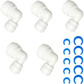 1/4 Inch OD 3/8 Inch OD Push Fit Elbow For RO and Filtered water Connections (5-pack) With Locking Clips, White