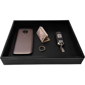 Valet Tray, Dresser Organizer, Desk Tray, Bedside Organizer, Key Bowl, Nightstand Organizer for Men, EDC Tray, Black PU Leather, 10.3 x 8.3 x 1.6 inches