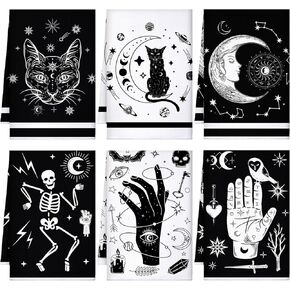 Bencailor 6 Pcs Halloween Skull Kitchen Towels Turquoise Navy Dish Towels Blue Gold Marble Tea Towels Gothic Skeleton Chef Hand Towel for Home Decor Gift, 24 x 16''(Black, White,Skull)