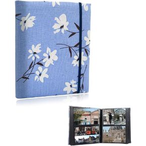 WishLotus Photo Album, 200-Photo Capacity, Linen Cover, Transparent Pocket Pages, Elastic Band, Large Format (9.1x6.9x1.2in), Beige, Blue
