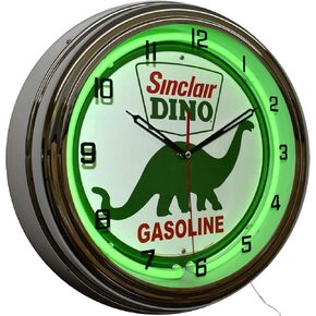 Platinum Sinclair Dino Gasoline Motor Oil Sign Neon Garage Clock (16" Green)