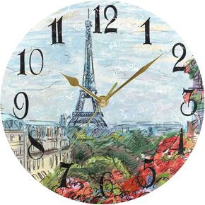 ALAZA Paris Eiffel Tower Round Wall Clock Non-Ticking Silent Battery Operated Decorative Clock for Living Room Home Office Decor