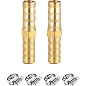 Hose Barb Fitting 1" Hose ID,Hex Union Brass Fitting Water/Fuel/Air with 4 Stainless Steel Clamps(Pack of 2)