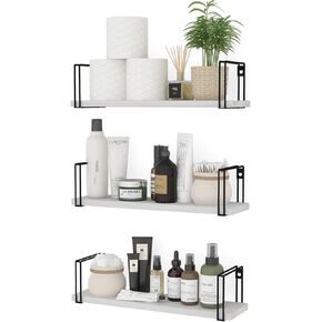 Wallniture Avila White Floating Shelves for Wall Storage, Wood Bathroom Shelves Wall Bookshelves Living Room Bedroom Kitchen Organization Set of 3