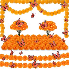 66pcs Day of The Dead Decorations Set - 2 Marigold Garland with 2 Lights & 50 Artificial Marigold Flowers with Stems & 12 Monarch Butterfly Decoration for Dia De Los Muertos Indian Diwali Altar Decor