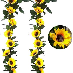 2 Pack Artificial Sunflower Garland Silk Sunflower Vine Yellow Flower Green Leaves Fabric Floral Head Fake Sunflowers for Wedding Table Baby Shower Party Garden Decoration