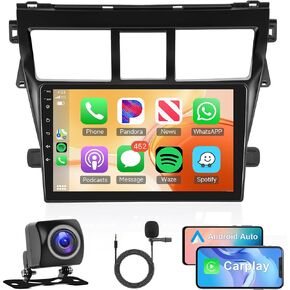 Android Car Stereo for Toyota VIOS Yaris 2007-2012 with Apple Carplay, Rimoody 9 Inch Touch Screen Car Radio with GPS Navigation Bluetooth FM HiFi WiFi Android Auto + AHD Backup Camera
