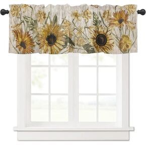 Sunflower Window Curtain Valance for Kitchen Windows/Bathroom/Living Room/Bedroom Privacy Decorative Rod Pocket Short Window Valance Curtain, 52" W x 18" L, Vintage Flowers Butterfly on Wooden Board