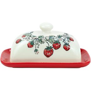 Ceramic Butter Dish with Lid Butter Keeper Butter Plate Tray for Kitchen Countertop Embossed Strawberry Pattern Butter Crock Keeper Saver