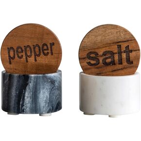 Creative Co-Op Black & White Marble Wood Lids (Set of 2 Styles) Salt and Pepper Pots, L x W x H, Multi