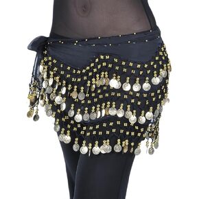 GSHLLO Sparkly Belly Dance Hip Scarf Chiffon Belly Dance Skirt Coin Dancing Skirt Bling Belly Dancer Costumes for Zumba Latin Black