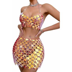 BODIY Women Sparkly Sequins Chain Mail Skirt Set Gold Dot Hip Wrap Skirts with Crop Top Dance Nightclub Outfit