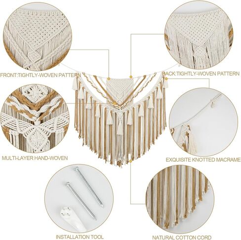 EISKBC Macrame جدار معلق، فن جداري كبير من نسيج Macrame، نسيج بوهو منسوج من خيوط الغزل، ديكور جدار فوق السرير لديكور المنزل في غرفة النوم، شكل لافتة بوهيمية 78 بوصة طول * 41 بوصة ارتفاع (بدون عصا خشبية) in Kuwait