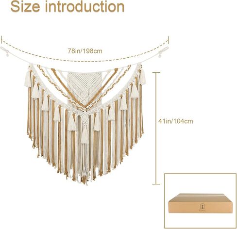 EISKBC Macrame جدار معلق، فن جداري كبير من نسيج Macrame، نسيج بوهو منسوج من خيوط الغزل، ديكور جدار فوق السرير لديكور المنزل في غرفة النوم، شكل لافتة بوهيمية 78 بوصة طول * 41 بوصة ارتفاع (بدون عصا خشبية) in Kuwait