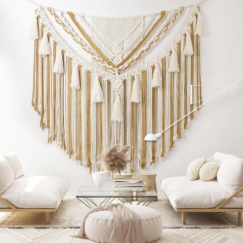 EISKBC Macrame جدار معلق، فن جداري كبير من نسيج Macrame، نسيج بوهو منسوج من خيوط الغزل، ديكور جدار فوق السرير لديكور المنزل في غرفة النوم، شكل لافتة بوهيمية 78 بوصة طول * 41 بوصة ارتفاع (بدون عصا خشبية) in Kuwait