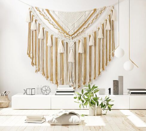 EISKBC Macrame جدار معلق، فن جداري كبير من نسيج Macrame، نسيج بوهو منسوج من خيوط الغزل، ديكور جدار فوق السرير لديكور المنزل في غرفة النوم، شكل لافتة بوهيمية 78 بوصة طول * 41 بوصة ارتفاع (بدون عصا خشبية) in Kuwait