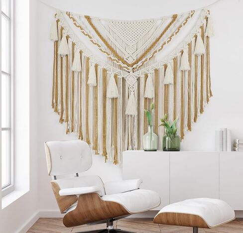 EISKBC Macrame جدار معلق، فن جداري كبير من نسيج Macrame، نسيج بوهو منسوج من خيوط الغزل، ديكور جدار فوق السرير لديكور المنزل في غرفة النوم، شكل لافتة بوهيمية 78 بوصة طول * 41 بوصة ارتفاع (بدون عصا خشبية) in Kuwait