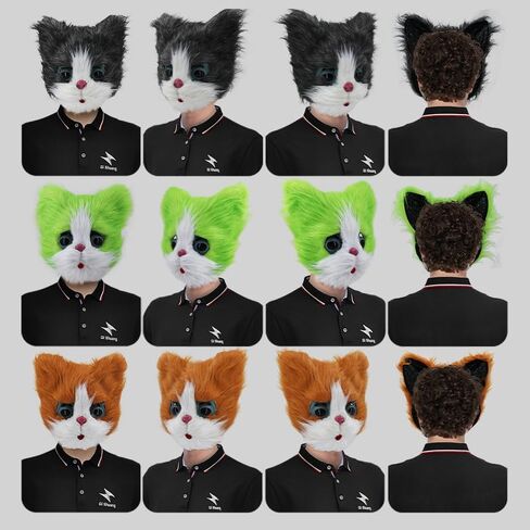 GREUS Halloween Full Face Cat Mask Furry Plush Cat Masquerade Mask Realistic Cat Animal Mask Costume for Men Women in Kuwait