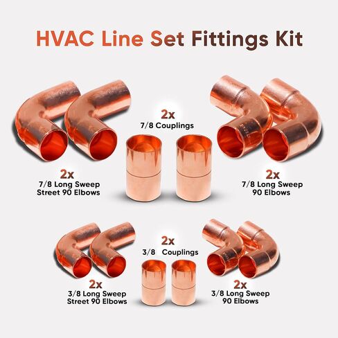 38 & 78 Hvac - R Copper Line Set Fittings Kit Includes long sweep elbow coupling street elbows Perfect for air conditioning lineset refrigeration liquid line & suction lines tubing pipes in Saudi Arabia