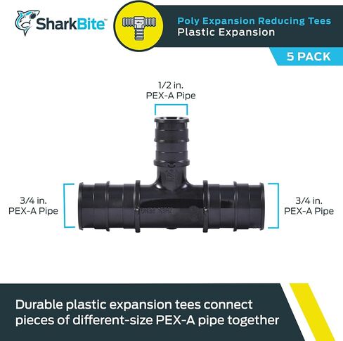 SharkBite 3/4 Inch x 3/4 Inch x 1/2 Inch Poly Expansion Reducing Tee for PEX-A Pipe, Pack of 5, Plastic Plumbing Fittings, Reducing Tee for PEX-A Tubing, UA412A5 in Saudi Arabia