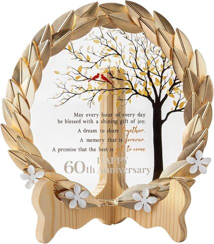 لوحة كريستال لزينة الذكرى السنوية الستين للزفاف مع إكليل من أوراق الذهب - هدايا زينة الزفاف السعيدة للذكرى الستين للأجداد - أفكار هدايا فريدة للذكرى الستين للزفاف in Kuwait