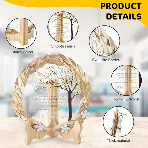 لوحة كريستال لزينة الذكرى السنوية الستين للزفاف مع إكليل من أوراق الذهب - هدايا زينة الزفاف السعيدة للذكرى الستين للأجداد - أفكار هدايا فريدة للذكرى الستين للزفاف in Kuwait
