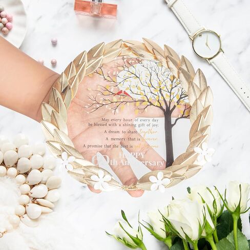 لوحة كريستال لزينة الذكرى السنوية الستين للزفاف مع إكليل من أوراق الذهب - هدايا زينة الزفاف السعيدة للذكرى الستين للأجداد - أفكار هدايا فريدة للذكرى الستين للزفاف in Kuwait