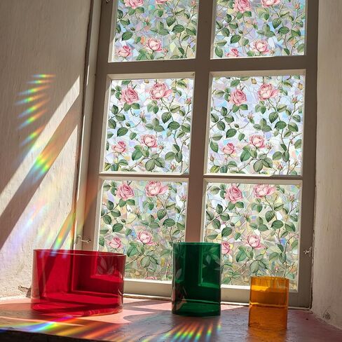 Window Film, Decorative Flower Window Privacy Film, Pink Rose Floral Double Sided Static Glass Window Clings Stickers for Home Office Living Room Bathroom Room Glass Windows Door Decor in Saudi Arabia