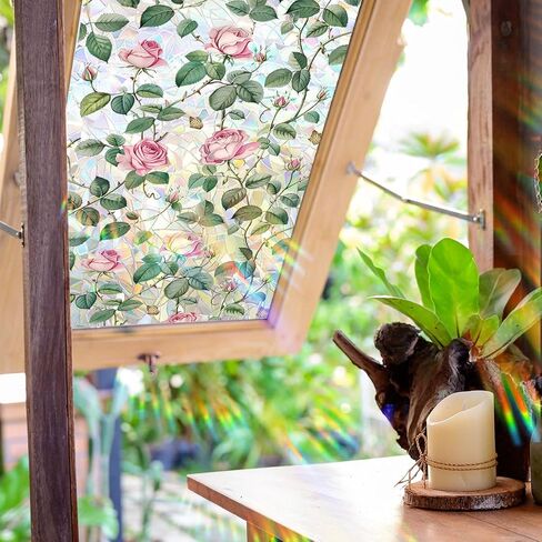 Window Film, Decorative Flower Window Privacy Film, Pink Rose Floral Double Sided Static Glass Window Clings Stickers for Home Office Living Room Bathroom Room Glass Windows Door Decor in Saudi Arabia