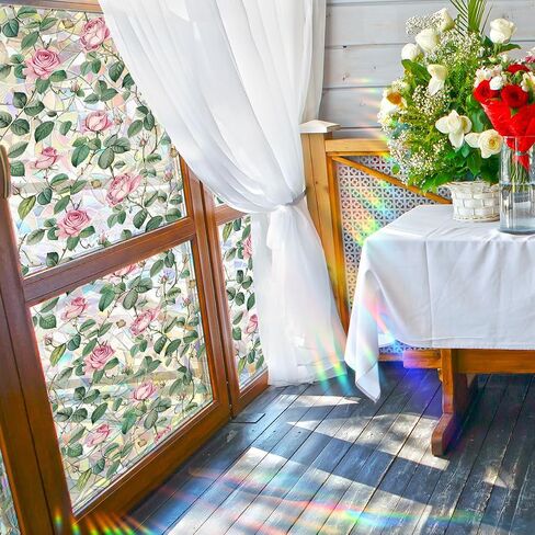 Window Film, Decorative Flower Window Privacy Film, Pink Rose Floral Double Sided Static Glass Window Clings Stickers for Home Office Living Room Bathroom Room Glass Windows Door Decor in Saudi Arabia