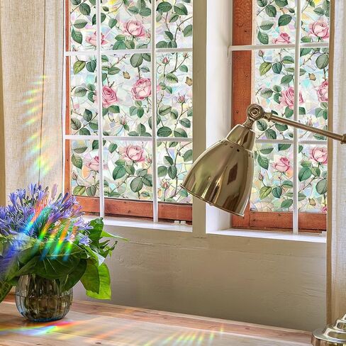 Window Film, Decorative Flower Window Privacy Film, Pink Rose Floral Double Sided Static Glass Window Clings Stickers for Home Office Living Room Bathroom Room Glass Windows Door Decor in Saudi Arabia