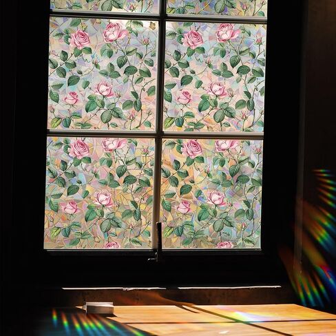 Window Film, Decorative Flower Window Privacy Film, Pink Rose Floral Double Sided Static Glass Window Clings Stickers for Home Office Living Room Bathroom Room Glass Windows Door Decor in Saudi Arabia