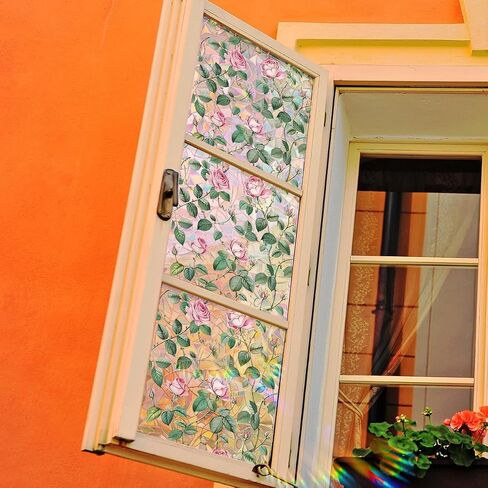 Window Film, Decorative Flower Window Privacy Film, Pink Rose Floral Double Sided Static Glass Window Clings Stickers for Home Office Living Room Bathroom Room Glass Windows Door Decor in Saudi Arabia