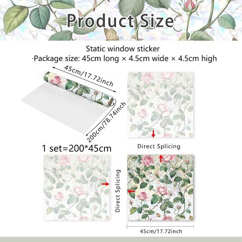 Window Film, Decorative Flower Window Privacy Film, Pink Rose Floral Double Sided Static Glass Window Clings Stickers for Home Office Living Room Bathroom Room Glass Windows Door Decor in Saudi Arabia