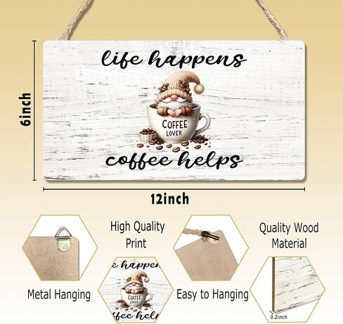 Rustic Coffee Gnomes Wooden Sign, Gnome Sign Gnome Lovers Gift, Funny Coffee Hanging Sign Wall Decor for Kitchen Coffee Bar Coffee Station Office, Life Happens Coffee Helps Sign 12 x 6 Inch in Saudi Arabia