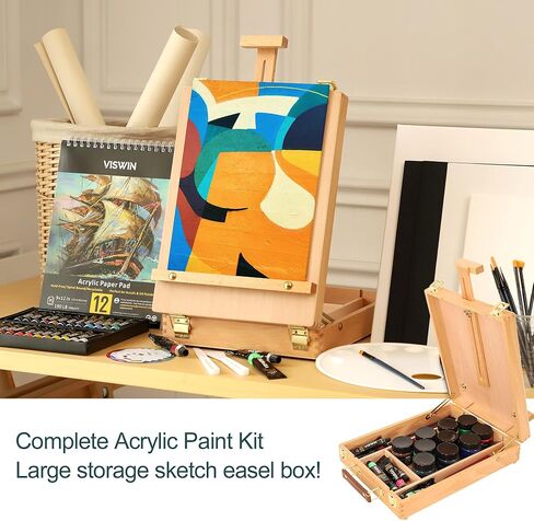 مجموعة طلاء أكريليك فاخرة مكونة من 74 قطعة من VISWIN، ومجموعة طلاء مع صندوق رسم على الطاولة، و48 لونًا من دهانات الأكريليك، وألواح قماشية، وفرش طلاء نايلون، وبعض اللوازم الأخرى، للبالغين والمبتدئين والفنانين in Kuwait