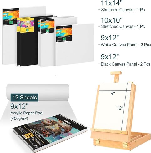 مجموعة طلاء أكريليك فاخرة مكونة من 74 قطعة من VISWIN، ومجموعة طلاء مع صندوق رسم على الطاولة، و48 لونًا من دهانات الأكريليك، وألواح قماشية، وفرش طلاء نايلون، وبعض اللوازم الأخرى، للبالغين والمبتدئين والفنانين in Kuwait