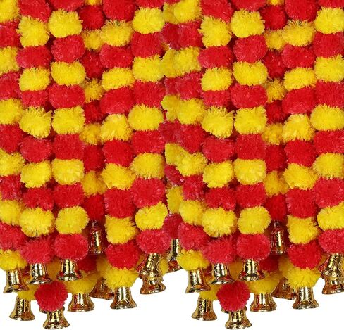 Marubhumi 4.5 Feet Long Strands Artificial Marigold Flowers with Bell Garland for Diwali Decor, Garland for Decoration, Diwali Decorations for Home, Christmas Decor Wedding Decor, Yellow/Red - 5 PCS in Saudi Arabia