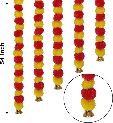Marubhumi 4.5 Feet Long Strands Artificial Marigold Flowers with Bell Garland for Diwali Decor, Garland for Decoration, Diwali Decorations for Home, Christmas Decor Wedding Decor, Yellow/Red - 5 PCS in Saudi Arabia