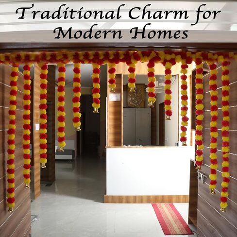 Marubhumi 4.5 Feet Long Strands Artificial Marigold Flowers with Bell Garland for Diwali Decor, Garland for Decoration, Diwali Decorations for Home, Christmas Decor Wedding Decor, Yellow/Red - 5 PCS in Saudi Arabia