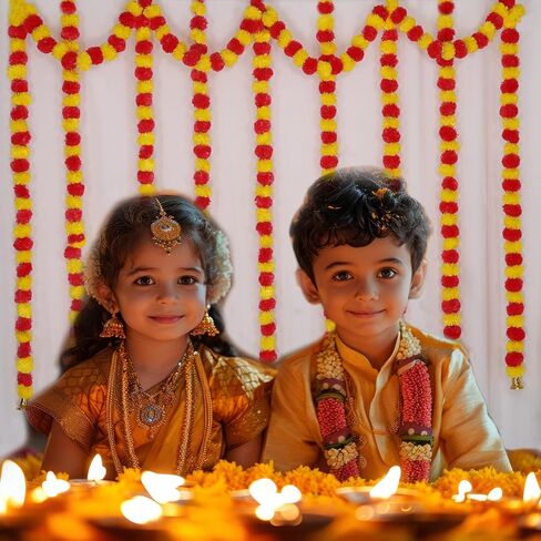 Marubhumi 4.5 Feet Long Strands Artificial Marigold Flowers with Bell Garland for Diwali Decor, Garland for Decoration, Diwali Decorations for Home, Christmas Decor Wedding Decor, Yellow/Red - 5 PCS in Saudi Arabia