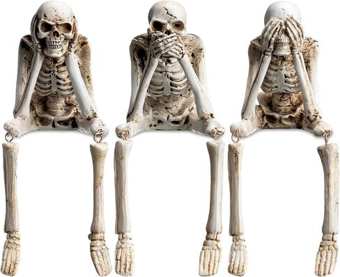 Thyle Set of 3 Halloween Statues See Speak Hear No Evil Skeleton Figurines Realistic Skull Decorations for Home Haunted House Halloween Party Decor Favors Shelf Accessories (Bone White) in Saudi Arabia