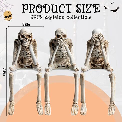 Thyle Set of 3 Halloween Statues See Speak Hear No Evil Skeleton Figurines Realistic Skull Decorations for Home Haunted House Halloween Party Decor Favors Shelf Accessories (Bone White) in Saudi Arabia