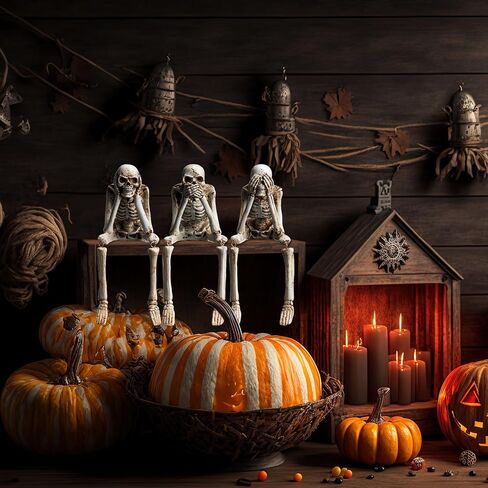 Thyle Set of 3 Halloween Statues See Speak Hear No Evil Skeleton Figurines Realistic Skull Decorations for Home Haunted House Halloween Party Decor Favors Shelf Accessories (Bone White) in Saudi Arabia