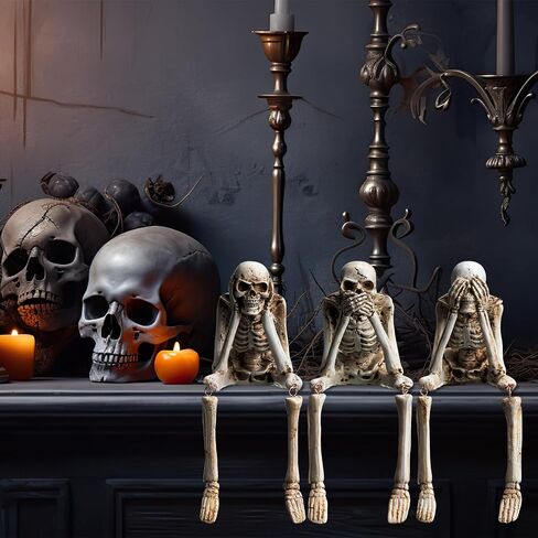 Thyle Set of 3 Halloween Statues See Speak Hear No Evil Skeleton Figurines Realistic Skull Decorations for Home Haunted House Halloween Party Decor Favors Shelf Accessories (Bone White) in Saudi Arabia