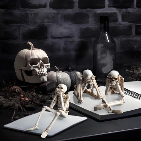Thyle Set of 3 Halloween Statues See Speak Hear No Evil Skeleton Figurines Realistic Skull Decorations for Home Haunted House Halloween Party Decor Favors Shelf Accessories (Bone White) in Saudi Arabia