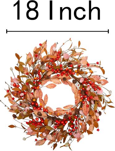 VGIA 18 Inch Fall Wreath Autumn Wreath for Front Door Fall Decorations with Fall Leaves Autumn Harvest Wreath with Berries for Wall and Window Home Decor in Saudi Arabia