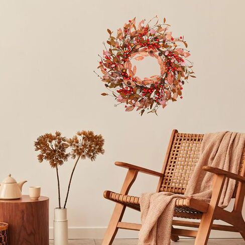 VGIA 18 Inch Fall Wreath Autumn Wreath for Front Door Fall Decorations with Fall Leaves Autumn Harvest Wreath with Berries for Wall and Window Home Decor in Saudi Arabia
