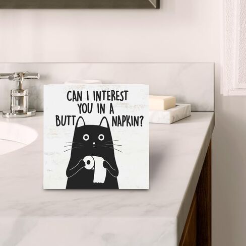 Funny Cat Bathroom Shelf Decor, Black And White Cat Bathroom Decor, Can I Interest You In A Napkin, Wood Box Sign Block for Home Farmhouse Decor for Bathroom Shelf Tabletop Decor, Cat Mom Gifts, 5 x 5 Inches in Saudi Arabia