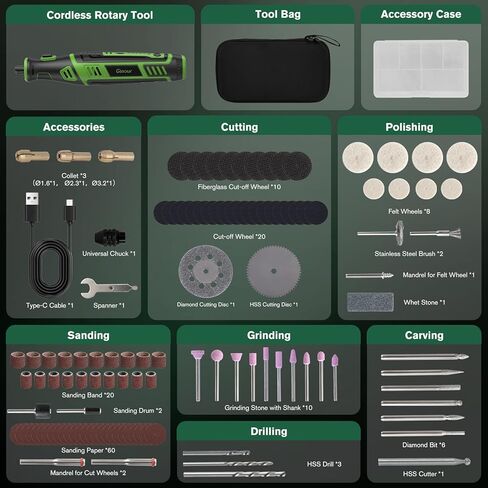 أداة جينور الدوارة اللاسلكية مع ظرف بدون مفتاح، مجموعة أدوات دوارة بقوة 8 فولت مع 153 قطعة من الملحقات، بطارية قابلة لإعادة الشحن 2 أمبير، 5 سرعات 30000 دورة في الدقيقة كحد أقصى للصنفرة والحفر والقطع والتلميع والحرف اليدوية in Kuwait